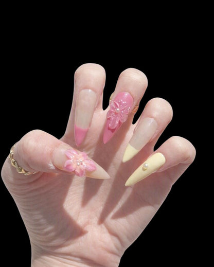 Pink & Yellow 3D Flower Nails