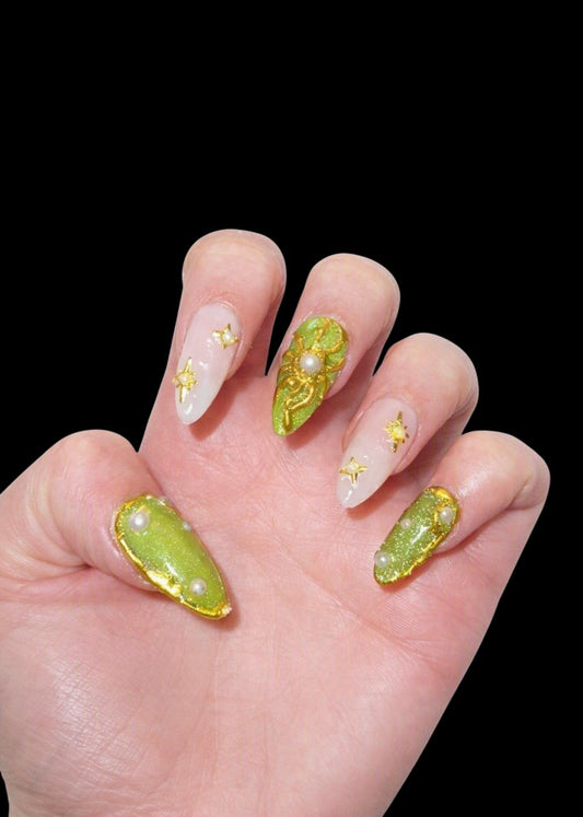Green & White Celestial Nails